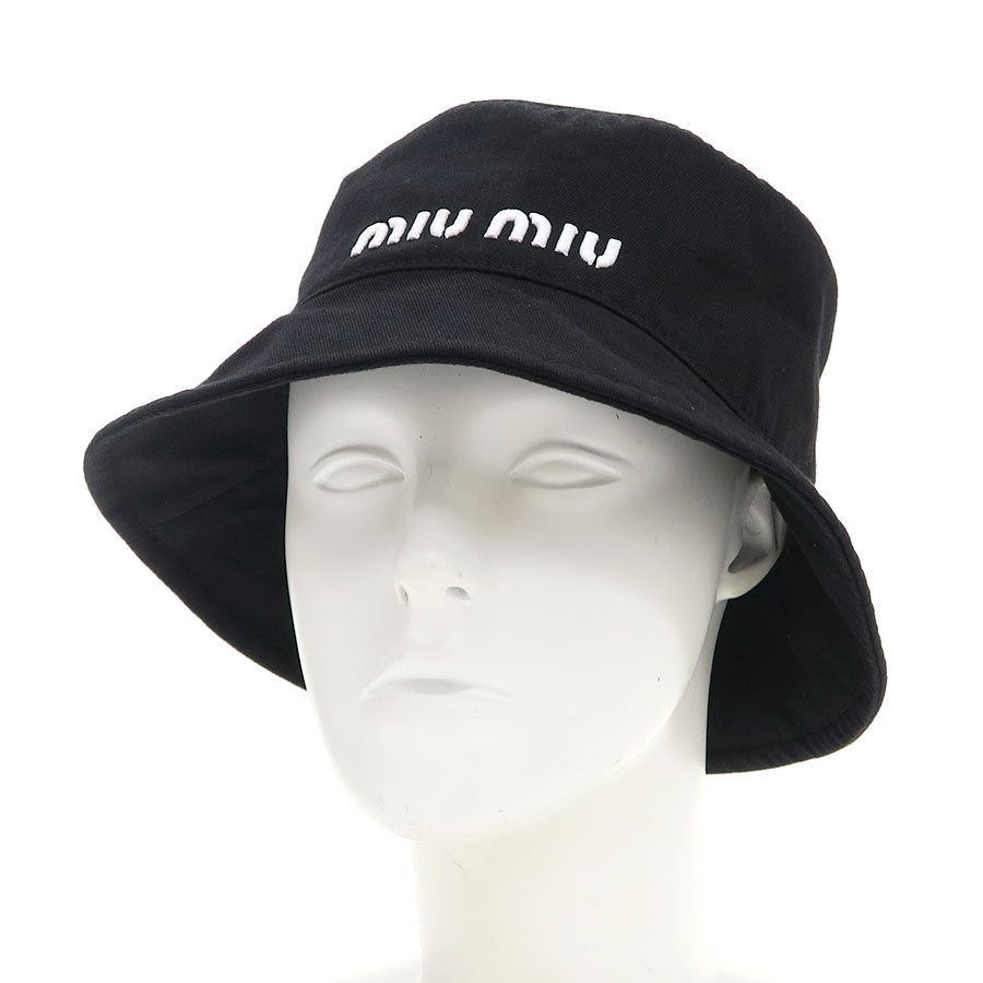 極美品 ミュウミュウ バケットハット ロゴ 刺繍 コットン ブラック 極美品 ミュウミュウ バケットハット ロゴ 刺繍 コットン ブラック